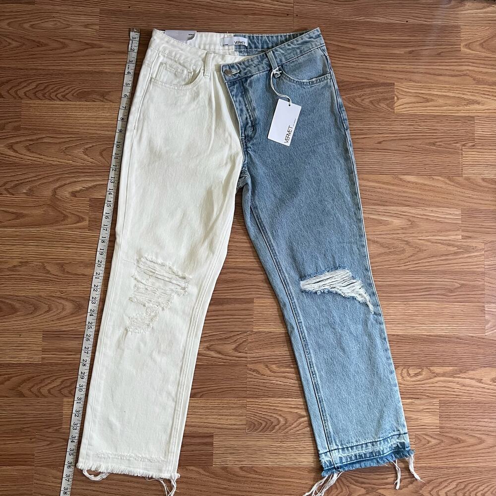 VERVET Norah Crossover Fly Colorblock Jeans 27 High Rise Straight Two Tone NWT - Picture 9 of 12